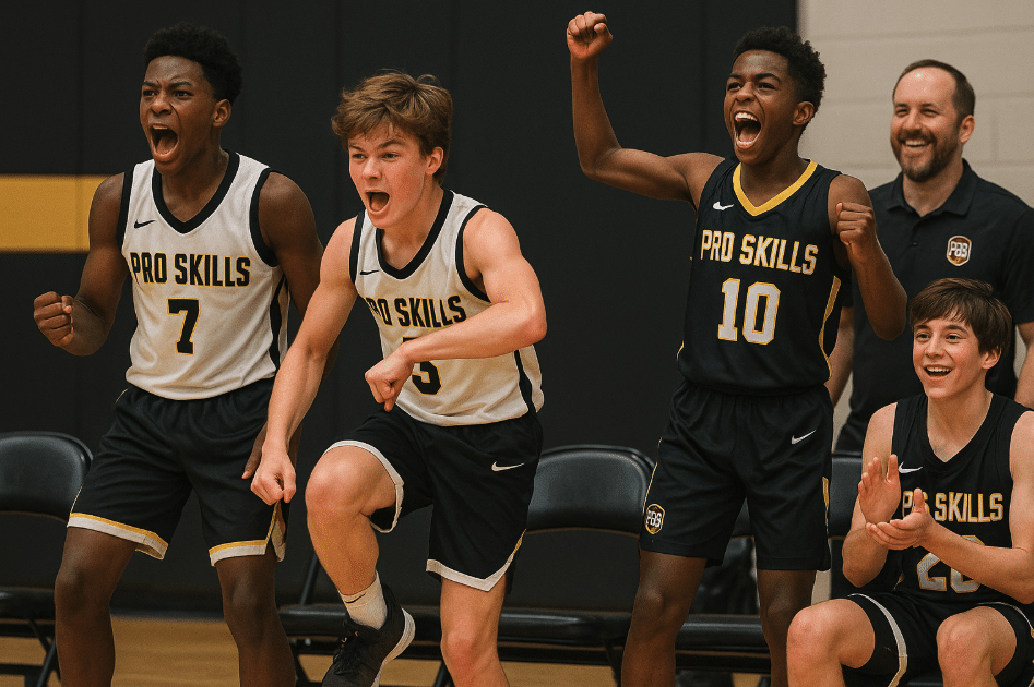 Youth basketball players celebrating enthusiastically from the bench during a game.